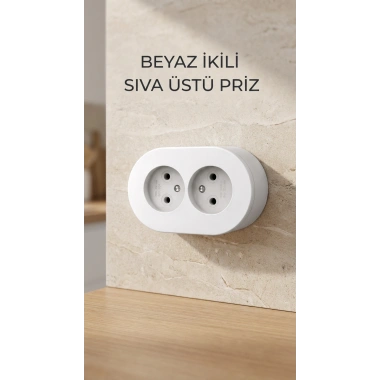 Beyaz İkili Sıva Üstü Dekoratif Topraklı Elektrik Prizi