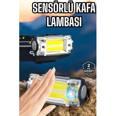 Beyaz Led Işık Sensörlü Kafa Lambası Lityum Batarya Led El Fenerli Şarjlı