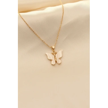 Beyaz Sedefli Kelebek Figürlü Kadın Kolye