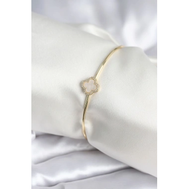 Beyaz Sedefli Yonca Model Gold Renk Kadın Bileklik