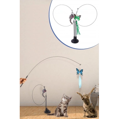 BiiShe® Vantuzlu Tüylü Zilli Olta Kedi Oyuncağı 2 Oltalı