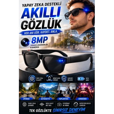 Birinci Şahıs Görüşlü 8MP Kameralı Yapay Zeka Akıllı Gözlük ChatGPT Destekli Model