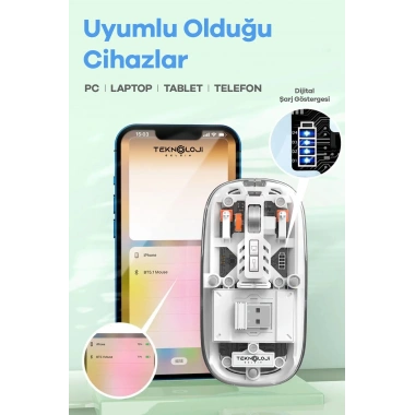 Bluetooth USB Çift Modlu Sessiz Mouse, Şeffaf Mıknatıslı Kapaklı, Type-C Şarjlı, DPI Ayarlı, Kablosuz 10m Çekim Mesafeli, Masaüstü Kısayol Tuşlu, Taşınabilir Şarjlı Mouse Beyaz