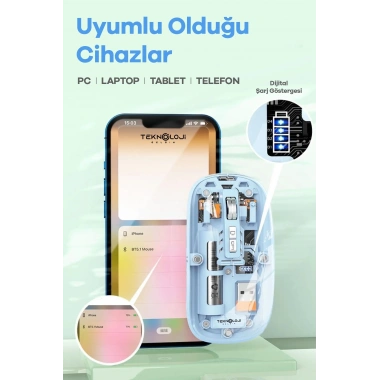 Bluetooth USB Çift Modlu Sessiz Mouse, Şeffaf Mıknatıslı Kapaklı, Type-C Şarjlı, DPI Ayarlı, Kablosuz 10m Çekim Mesafeli, Masaüstü Kısayol Tuşlu, Taşınabilir Şarjlı Mouse Siyah