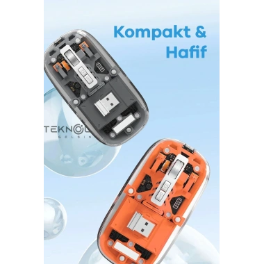 Bluetooth USB Çift Modlu Sessiz Mouse, Şeffaf Mıknatıslı Kapaklı, Type-C Şarjlı, DPI Ayarlı, Kablosuz 10m Çekim Mesafeli, Masaüstü Kısayol Tuşlu, Taşınabilir Şarjlı Mouse Turuncu