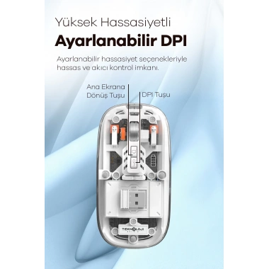 Bluetooth USB Çift Modlu Sessiz Mouse, Şeffaf Mıknatıslı Kapaklı, Type-C Şarjlı, DPI Ayarlı, Kablosuz 10m Çekim Mesafeli, Masaüstü Kısayol Tuşlu, Taşınabilir Şarjlı Mouse Beyaz