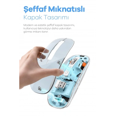 Bluetooth USB Çift Modlu Sessiz Mouse, Şeffaf Mıknatıslı Kapaklı, Type-C Şarjlı, DPI Ayarlı, Kablosuz 10m Çekim Mesafeli, Masaüstü Kısayol Tuşlu, Taşınabilir Şarjlı Mouse Siyah