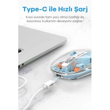 Bluetooth USB Çift Modlu Sessiz Mouse, Şeffaf Mıknatıslı Kapaklı, Type-C Şarjlı, DPI Ayarlı, Kablosuz 10m Çekim Mesafeli, Masaüstü Kısayol Tuşlu, Taşınabilir Şarjlı Mouse Turuncu