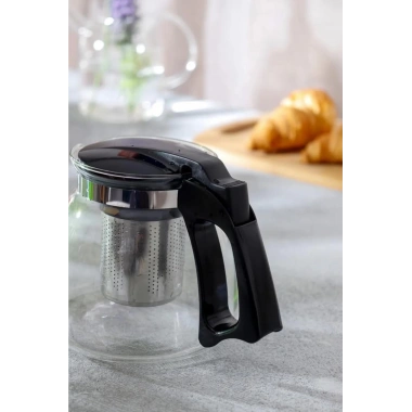 Cam Demlik 900 ml Borosilikat Çaydanlık Siyah Kapaklı