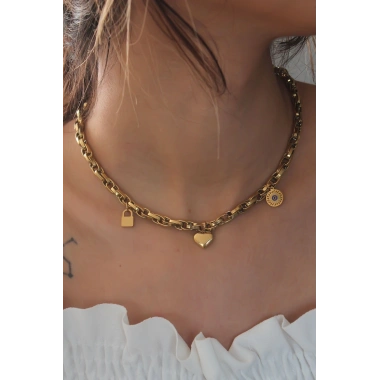 Çelik Gold Renk Kalın Zincir Model Kalp Figür Kadın Kolye