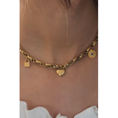 Çelik Gold Renk Kalın Zincir Model Kalp Figür Kadın Kolye