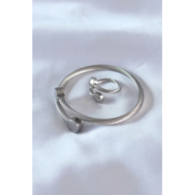 Çelik Gümüş Renk Sıkı Burgu Model Erkek Bileklik Yüzük Seti
