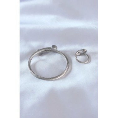 Çelik Gümüş Renk Sıkı Burgu Model Erkek Bileklik Yüzük Seti