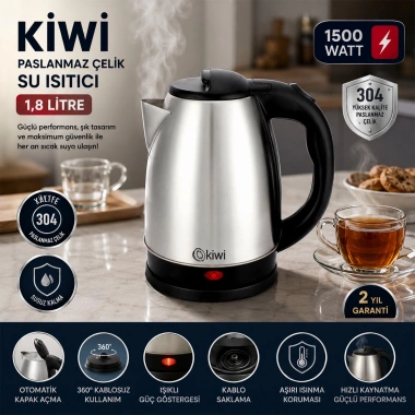 ÇELİK KETTLE ELEKTRİKLİ SU ISITICISI PASLANMAZ ÇELİK GİZLİ REZİSTANS 360° 1.8LT 1500W KK-3331 (5468)