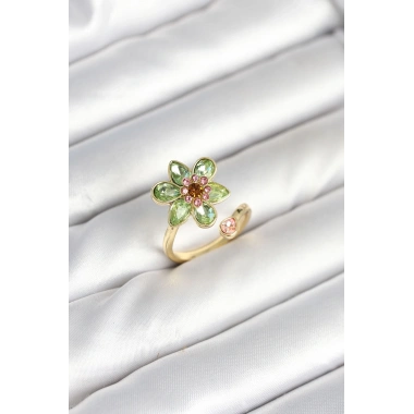Çiçek Model Yeşil Pirinç Gold Renk Yüzük