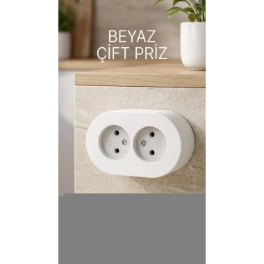 Çift Girişli Beyaz Sıva Üstü Topraklı Priz - Dekoratif Duvar Prizi