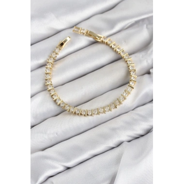 CM Şerit Model Zirkon Taşlı VIP Seri Gold Renk Pirinç Kadın Bileklik