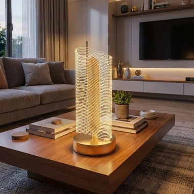 Dalgalı Silindirik Kristal Çizgili Model LED Masa Lambası – Gold Tabanlı, Dokunmatik, 3 Renk Işık Modlu, Şarjlı Modern Dekoratif Gece Lambası (5468)