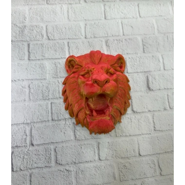Dekoratif Asılabilir Aslan Başı 3D Duvar Heykeli Gold Red 20x21 cm