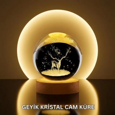 Doğal Ahşap Standlı Geyik Figürlü Kristal Küre LED Dekoratif Lamba