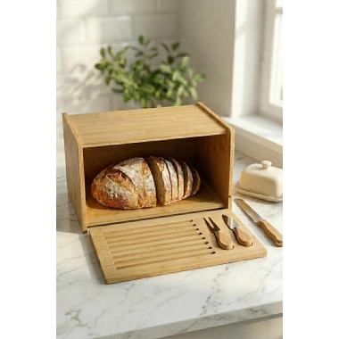 Doğal Bambu Kapaklı Ekmek Kutusu & Doğal Bambu Ekmek Dolabı (23x38x20 cm)