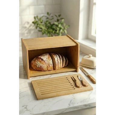 Doğal Bambu Kapaklı Ekmek Kutusu & Doğal Bambu Ekmek Dolabı (23x38x20 cm)