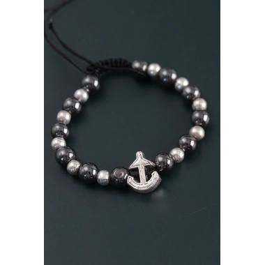 Doğal Taş Çapa Model Gümüş Ve Füme Renk Asansörlü Erkek Bileklik