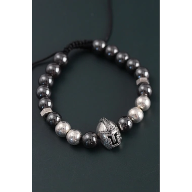 Doğal Taş Gladyatör Model Gümüş Ve Füme Renk Asansörlü Erkek Bileklik