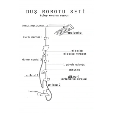 Epilons Robot Tepe Duş Sistemi Yağmurlama Duş Seti Krom Siyah Kare