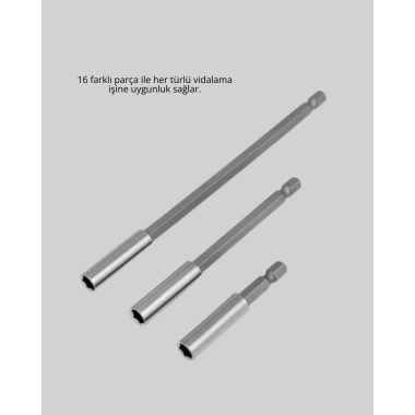 Ergonomik 16 Parça Bits Tornavida Uç ve Adaptör Seti