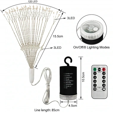 Fişli Asılı Havai Fişek Işıkları 120 LED Ampul Bakır Tel Şerit Işık (5468)
