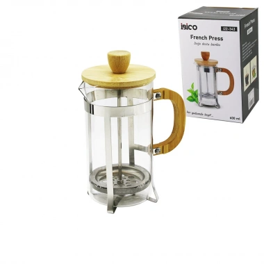 FRENCH PRESS METAL KAFES - BAMBU SAP BAMBU KAPAK 600ML CAM BİTKİ SÜZGEÇİ (5468)