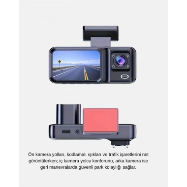 Full HD Üç Kameralı Araç Kamerası G-Sensörlü ve Gece Görüşlü