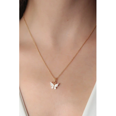 Gold Beyaz Renk Kelebek Figür Kadın Kolye