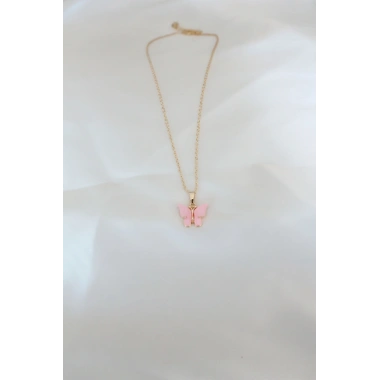 Gold Kaplama Pembe Sedefli Kelebek Kolye