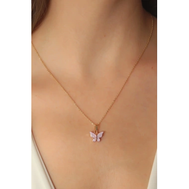 Gold Lila Renk Kelebek Figür Kadın Kolye