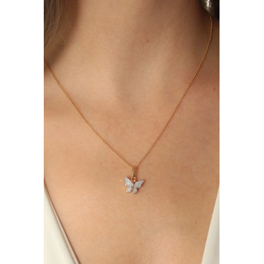 Gold Mavi Renk Kelebek Figür Kadın Kolye