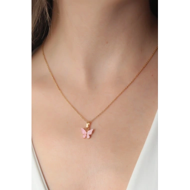 Gold Pembe Renk Kelebek Figür Kadın Kolye