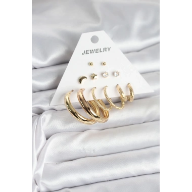 Gold Renk 6 Çiftli Pirinç Kadın Küpe Seti