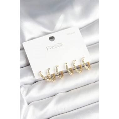 Gold Renk Burgu Halka Model 925 Ayar Gümüş Çivili Pirinç Küpe Seti