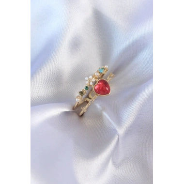 Gold Renk Kırmızı Zirkon Taş Kalp Model Pirinç Kadın Yüzük