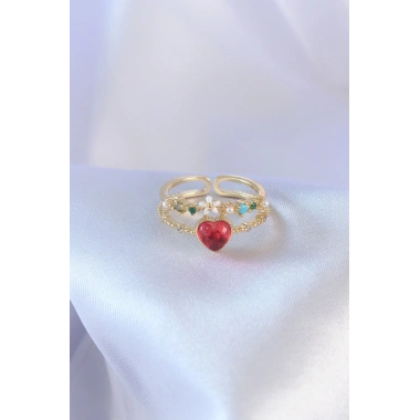 Gold Renk Kırmızı Zirkon Taş Kalp Model Pirinç Kadın Yüzük