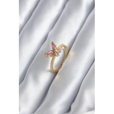 Gold Renk Pembe Zirkon Taşlı Kelebek Model Kadın Yüzük
