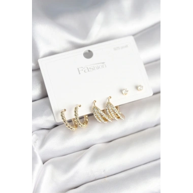 Gold Renk Pirinç 925 Ayar Gümüş Çivili Kadın Küpe Seti