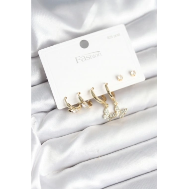 Gold Renk Pirinç Kelebek Model 925 Ayar Gümüş Çivili Kadın Küpe Seti