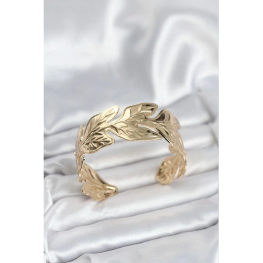 Gold Renk Pirinç Levha Yaprak Model Kadın Bileklik