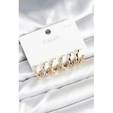 Gold Renk Pirinç Zikzak Model 925 Ayar Gümüş Çivili Kadın Küpe Seti