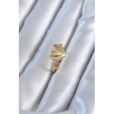 Gold Renk Pirinç Zirkon Taşlı Kalp Model Kadın Yüzük