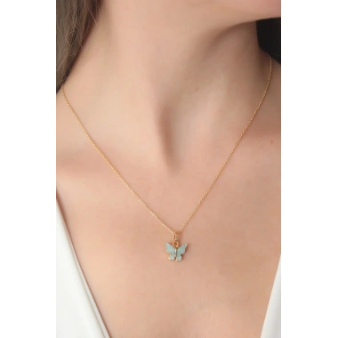 Gold Renk Su Yeşili Kelebek Figür Kadın Kolye