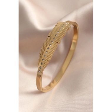 Gold Renk Yaprak Model Zirkon Taş Detay Kelepçe Kadın Bileklik